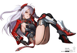 Rule 34 | 1girl, antenna hair, armored boots, ass, azur lane, black gloves, boots, breasts, character name, copyright name, dress, full body, garter straps, gloves, hair ornament, highres, holding, holding hair, knees up, long hair, long sleeves, looking at viewer, mole, mole on breast, multicolored hair, orange eyes, panties, plantar flexion, prinz eugen (azur lane), reclining, simple background, sl86, solo, streaked hair, two side up, underwear, white background, white hair, wing collar