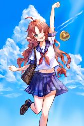 Rule 34 | 1girl, ;d, ahoge, alternate costume, apple, arknights, arm up, black socks, blue sailor collar, blue skirt, blue sky, brown bag, brown footwear, cloud, cloudy sky, ear piercing, food, fruit, garvini, golden apple, green eyes, highres, leg up, loafers, long hair, looking at viewer, midriff, mole, mole under mouth, myrtle (arknights), navel, neckerchief, one eye closed, open mouth, piercing, pleated skirt, pointy ears, red neckerchief, sailor collar, school uniform, serafuku, shirt, shoes, short sleeves, skirt, sky, smile, socks, solo, standing, standing on one leg, wavy hair, white shirt