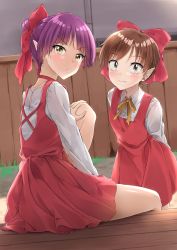 Rule 34 | 2girls, absurdres, arms behind back, bow, brown dress, brown hair, choker, collared shirt, dress, dual persona, fang, fang out, fence, frown, gegege no kitarou, gegege no kitarou 5, gegege no kitarou 6, grass, hair bow, hair bun, highres, knee up, long sleeves, looking at viewer, looking back, multiple girls, nekomusume, nekomusume (gegege no kitarou 5), nekomusume (gegege no kitarou 6), pentagon (railgun ky1206), pointy ears, purple hair, red bow, red choker, red dress, ribbon, shirt, short dress, short hair, sitting, slit pupils, smile, standing, white shirt, yellow eyes, yellow neckwear