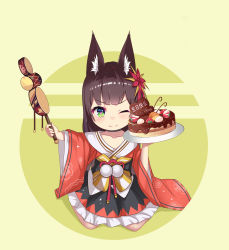 Rule 34 | 1girl, absurdres, animal ear fluff, animal ears, aoman de cangshu, black hair, blue eyes, blunt bangs, blush, cake, character request, chibi, closed mouth, collarbone, copyright request, dress, flower, food, green eyes, hair flower, hair ornament, highres, holding, holding cake, holding food, japanese clothes, long hair, long sleeves, looking at viewer, one eye closed, sitting, smile, solo, sweets, wariza, wide sleeves