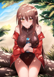 1girl bare_shoulders blush bottle breasts brown_hair commentary_request gluteal_fold highres holding holding_bottle jacket kinona large_breasts log long_hair long_sleeves looking_at_viewer off_shoulder one-piece_swimsuit open_clothes open_jacket original outdoors parted_lips red_jacket sitting sitting_on_log solo swimsuit thighs water_bottle yellow_eyes