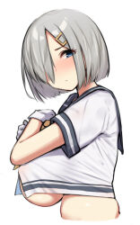 Rule 34 | 1girl, blue eyes, blue sailor collar, breast hold, breasts, closed mouth, from side, gloves, grey hair, hair ornament, hair over one eye, hairpin, hamakaze (kancolle), kantai collection, large breasts, looking at viewer, medium hair, mitsukazu (nijigen complex), neckerchief, sailor collar, school uniform, serafuku, short sleeves, solo, underboob, upper body, white gloves, white serafuku, yellow neckerchief