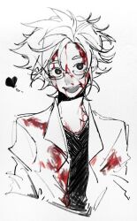 Rule 34 | 1boy, blood, blood from mouth, blood on clothes, chinese commentary, commentary request, glasses, heart, highres, kanou aogu, lab coat, long sleeves, looking at viewer, male focus, open mouth, saibou shinkyoku, semi-rimless eyewear, shie3, shirt, short hair, simple background, smile, solo, spot color, teeth, upper body, upper teeth only, white background