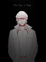 Rule 34 | 1boy, assa, black background, collared shirt, cowboy shot, english text, hat, jacket, kondraki, long sleeves, looking at viewer, male focus, open clothes, open jacket, scp foundation, shirt, short hair, simple background, solo