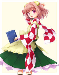 Rule 34 | 1girl, apron, bad id, bad pixiv id, bell, book, checkered clothes, checkered kimono, clothes writing, hair bell, hair ornament, japanese clothes, kimono, looking back, motoori kosuzu, open mouth, pink eyes, red hair, salamander (hop-step), salamander (id 8545264), smile, touhou, wide sleeves