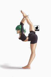 Rule 34 | 1girl, anklet, arched back, ass, barefoot, breasts, cleavage, female focus, full body, green eyes, green hair, highres, jewelry, leg up, linkartoon, matching hair/eyes, one-punch man, short hair, skin tight, small breasts, solo, stretching, sweatdrop, tatsumaki, toes, yoga