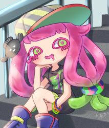 Rule 34 | 1girl, amakusa setoka, baseball cap, black shirt, bracelet, clownfish, colored eyelashes, drooling, fish, gradient hair, green eyes, green hair, green skirt, hand up, harmony&#039;s clownfish (splatoon), harmony (splatoon), hat, highres, jewelry, long hair, low twintails, miniskirt, multicolored clothes, multicolored hair, multicolored headwear, nintendo, no nose, open mouth, pink hair, pink pupils, pleated skirt, railing, shirt, shoes, short sleeves, sideways hat, sitting, sitting on stairs, skirt, smile, splatoon (series), splatoon 3, stairs, striped clothes, striped headwear, tentacle hair, twintails, two-tone hair