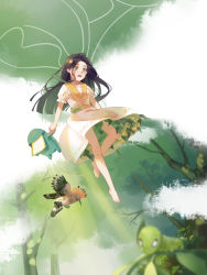 Rule 34 | 1girl, :o, apple, barefoot, bird, black hair, caterpillar, day, dress, food, forest, fruit, full body, gradient hair, green eyes, green hair, hair ornament, highres, long hair, midair, multicolored hair, nature, original, ouououououou, outdoors, short sleeves, stuffed toy, tree, very long hair, white background, white dress