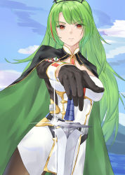 Rule 34 | 1girl, azur lane, black cape, black gloves, breasts, cape, cleavage, gloves, gold trim, green cape, green hair, highres, italian flag, littorio (azur lane), long hair, looking at viewer, medium breasts, multicolored hair, pantyhose, red eyes, rute 3547, solo, streaked hair, sword, two-tone cape, water, weapon
