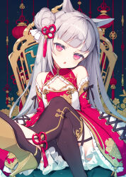 Rule 34 | 1girl, aged down, alternate costume, animal ears, bare shoulders, blunt bangs, china dress, chinese clothes, cleavage cutout, clothing cutout, comiket 101, commentary, crossed legs, dress, foot out of frame, gold ship (umamusume), grey hair, hair bun, head tilt, high heels, highres, horse ears, horse girl, lantern, lolita fashion, long hair, looking at viewer, paper lantern, patori, pink eyes, qi lolita, red dress, single side bun, solo, thighhighs, umamusume