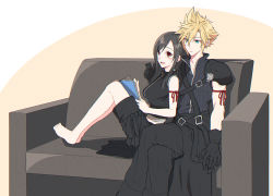 Rule 34 | 1boy, 1girl, apron, arm ribbon, armor, bare shoulders, barefoot, black hair, black shorts, blonde hair, blue eyes, book, breasts, cloud strife, couch, couple, crop top, crossed legs, earrings, feet, final fantasy, final fantasy vii, final fantasy vii advent children, gloves, highres, holding, holding book, jewelry, large breasts, long hair, looking at another, mizuamememe, red eyes, ribbon, shorts, shoulder armor, simple background, sitting, sleeveless, spiked hair, tifa lockhart, waist apron