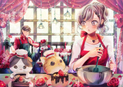 Rule 34 | 1boy, 1girl, apron, black apron, black nails, black pants, brown eyes, brown hair, cake, cake slice, cat, closed mouth, collarbone, collared shirt, eyelashes, flower, food, fork, fruit, gloves, hat, heart, heart necklace, highres, holding, holding flower, holding fork, holding spatula, jewelry, mihayuuno, mixing bowl, necklace, open mouth, original, pants, ponytail, red apron, red flower, red hat, red petals, red rose, red shirt, rose, shirt, spatula, strawberry, sweater, twitter username, valentine, white hat, white sweater