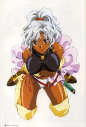 Rule 34 | 1girl, absurdres, artbook, boots, breasts, covered erect nipples, dark-skinned female, dark skin, highres, jewelry, kneeling, large breasts, looking at viewer, necklace, nipples, official art, panties, pantyshot, ponytail, red eyes, rin-sin, rita (words worth), scan, simple background, skirt, smile, solo, sword, underwear, upskirt, weapon, white background, white hair, white panties, words worth