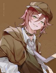 Rule 34 | 1boy, black choker, brown background, brown hair, brown headwear, bungou stray dogs, choker, cosplay, detective, edogawa ranpo (bungou stray dogs), edogawa ranpo (bungou stray dogs) (cosplay), genshin impact, green eyes, highres, lansecha, long hair, long sleeves, looking at viewer, low ponytail, male focus, mole, mole under eye, multicolored hair, necktie, red hair, shikanoin heizou, simple background, smile, streaked hair, striped necktie, white necktie