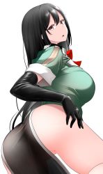 Rule 34 | 1girl, ass, black gloves, black hair, breasts, chikuma (kancolle), commentary request, elbow gloves, from behind, from below, gloves, kantai collection, kirigakure (kirigakure tantei jimusho), large breasts, long hair, looking back, military, military uniform, pelvic curtain, puffy short sleeves, puffy sleeves, short sleeves, simple background, single elbow glove, single glove, solo, uniform, white background