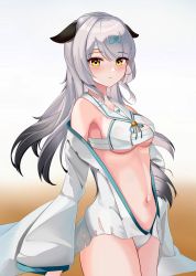 Rule 34 | 1girl, absurdres, animal ears, azur lane, bandaged head, bandages, bare shoulders, bell, black hair, breasts, brown background, chest sarashi, cleavage, closed mouth, coat, collarbone, commentary, cowboy shot, gradient background, gradient hair, grey hair, highres, japanese clothes, jingle bell, long hair, long sleeves, looking at viewer, miyuki (azur lane), multicolored hair, navel, neck ribbon, off shoulder, panties, ribbon, sailor collar, sarashi, sidelocks, simple background, solo, standing, stomach, two-tone hair, underboob, underwear, white background, white coat, white panties, white sailor collar, wide sleeves, wutong mingye, yellow eyes