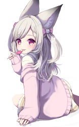 Rule 34 | 1girl, :3, :p, animal ear fluff, animal ears, animare, arm support, braid, candy, cardigan, dress, food, full body, highres, licking, lollipop, long hair, long sleeves, looking at viewer, nanashi inc., neckerchief, off shoulder, pink cardigan, pink eyes, sailor dress, shiromiya mimi, sleeves past wrists, tongue, tongue out, torinosu afro, two side up, virtual youtuber
