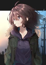 Rule 34 | 1girl, absurdres, ahoge, blush, brown eyes, brown hair, closed mouth, collarbone, commentary request, drawstring, green jacket, hair between eyes, highres, hood, hood down, hoodie, jacket, long hair, looking away, looking to the side, open clothes, open jacket, original, outdoors, ranf, smile, solo, utility pole