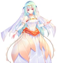 Rule 34 | 1girl, :d, arcelle, blue hair, blunt bangs, breasts, choker, cleavage, detached sleeves, dress, fire emblem, fire emblem: the blazing blade, fire emblem heroes, hair between eyes, hair ornament, highres, long dress, long hair, medium breasts, ninian, nintendo, open mouth, red eyes, simple background, smile, solo, standing, striped clothes, striped dress, very long hair, white background, white dress