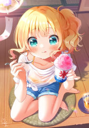 Rule 34 | 1girl, :q, aqua eyes, bare legs, bare shoulders, barefoot, blonde hair, blush, casual, collarbone, commentary request, food, full body, gochuumon wa usagi desu ka?, highres, holding, holding spoon, kirima syaro, licking lips, looking at viewer, mozukun43, see-through, shaved ice, shirt, short shorts, short sleeves, shorts, side ponytail, sitting, smile, solo, spoon, sweat, tied shirt, tongue, tongue out, wet, wet clothes, wet shirt, wind chime, wooden floor, yokozuwari