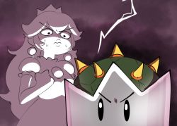 Rule 34 | 1girl, clenched hand, commentary, crown, dress, earrings, highres, jewelry, mario (series), new super mario bros. u deluxe, nintendo, princess peach, puffy short sleeves, puffy sleeves, purple background, short sleeves, simple background, solo, super crown, sweat, theycallhimcake, thunder, wavy mouth