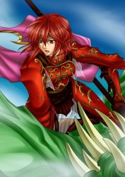 Rule 34 | armor, bad id, bad pixiv id, cape, dragon, fire emblem, fire emblem: mystery of the emblem, flying, headband, lance, minerva (fire emblem), nintendo, open mouth, polearm, red armor, red eyes, red hair, short hair, spear, tomygrave, weapon, wyvern, wyvern rider