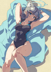 Rule 34 | 1girl, absurdres, animal ear fluff, animal ears, black one-piece swimsuit, blue archive, blue eyes, breasts, competition swimsuit, covered navel, cross hair ornament, extra ears, feet out of frame, grey hair, hair ornament, halo, highres, looking at viewer, low ponytail, lying, medium breasts, medium hair, mismatched pupils, multicolored clothes, multicolored swimsuit, official alternate costume, one-piece swimsuit, shiroko (blue archive), shiroko (swimsuit) (blue archive), solo, swimsuit, ushiki yoshitaka, wolf ears