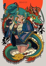 Rule 34 | 1girl, 2024, artist name, black footwear, black gloves, black nails, commentary, dated, dragon, dragon girl, dragon horns, eastern dragon, english commentary, fangs, gloves, green hair, gurin. (desuna), happy new year, highres, horns, jacket, new year, open clothes, open jacket, open mouth, original, ponytail, shorts, solo, teeth, yellow eyes