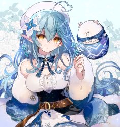 Rule 34 | 1girl, ahoge, bear, belt, beret, black corset, blue background, blue coat, blue hair, blush, breasts, brown belt, buttons, cleavage cutout, clothing cutout, coat, commentary, corset, cyawa, daifuku (yukihana lamy), elf, floral background, flower, fur-trimmed coat, fur trim, hair between eyes, hair flower, hair ornament, hat, heart, heart ahoge, highres, hololive, large breasts, long hair, looking at viewer, off-shoulder coat, off shoulder, parted lips, pointy ears, polar bear, snowflake print, solo, very long hair, virtual youtuber, white flower, white hat, yellow eyes, yukihana lamy