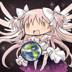 Rule 34 | 10s, 1girl, aubz, bow, chibi, earth (planet), gloves, hair bow, kaname madoka, long hair, mahou shoujo madoka magica, mahou shoujo madoka magica (anime), pink hair, planet, short twintails, solo, space, spoilers, twintails, two side up, ultimate madoka, wide face, wings, | |, || ||