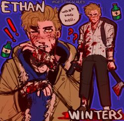 Rule 34 | !, !!, 1boy, ?, ??, artist name, axe, bag, bandages, blonde hair, blood, blue background, character name, coat, english text, ethan winters, gun, one eye closed, resident evil, resident evil 7: biohazard, resident evil village, short hair, weapon, winter clothes, winter coat