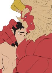 Rule 34 | 2boys, bara, beard, between pecs, between pectorals, black hair, blank eyes, colored skin, comforting, curled horns, dragon horns, face to pecs, facial hair, flat color, forked eyebrows, furry, furry male, furry with non-furry, gardie (otsukimi), hand on another&#039;s hand, head between pecs, horns, huge eyebrows, interspecies, kouhei (otsukimi), large hands, large pectorals, lion hair, long sideburns, male focus, multiple boys, muscular, muscular male, nipples, nude, original, otsukimi, pectorals, red skin, short hair, sideburns, sideburns stubble, size difference, smile, stubble, tears, thick eyebrows, triceps, tusks, upper body, yaoi