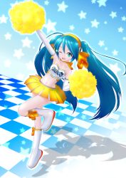 Rule 34 | 1girl, absurdres, akahige, bare shoulders, checkered floor, cheerleader, crop top, floor, hatsune miku, highres, long hair, midriff, navel, one eye closed, open mouth, pom pom (cheerleading), shadow, smile, solo, star (symbol), twintails, very long hair, vocaloid