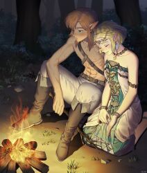 Rule 34 | 1boy, 1girl, abs, armlet, bare shoulders, blonde hair, blue eyes, blush, boots, bracelet, braid, breasts, brown footwear, campfire, closed eyes, closed mouth, couple, crown braid, dangle earrings, dress, earrings, forest, full body, gold trim, hetero, highres, holding, holding stick, jewelry, kneeling, link, long dress, medium breasts, medium hair, nature, nintendo, outdoors, pants, parted bangs, pendant choker, pointy ears, princess zelda, short hair, sidelocks, sitting, smile, stick, strapless, strapless dress, teardrop facial mark, the legend of zelda, the legend of zelda: tears of the kingdom, thick eyebrows, topless male, white pants, zeldm
