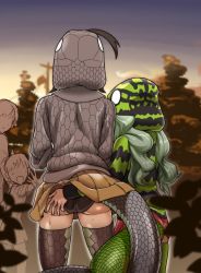 Rule 34 | 3girls, ass, ass grab, black hair, black mamba (kemono friends), boomslang (kemono friends), child, clothes lift, couple, evening, facing away, from behind, green hair, haegiwa gonbee, hand on own ass, height difference, hood, hood up, hooded jacket, intertwined tails, jacket, kemono friends, long hair, long sleeves, looking at another, miniskirt, multiple girls, panties, pleated skirt, side-by-side, skirt, skirt lift, snake tail, standing, sweat, tail, thighhighs, underwear, yuri