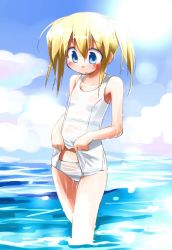 Rule 34 | 1girl, blush, day, one-piece swimsuit, original, outdoors, school swimsuit, school swimsuit flap, sky, solo, suka, swimsuit, water, wet, white school swimsuit, white one-piece swimsuit