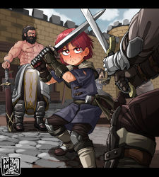 Rule 34 | 5boys, armor, armored boots, armored dress, boots, castle, cloud, commentary request, fantasy, fighting stance, fortress, gauntlets, highres, holding, holding weapon, kaminosaki, male focus, multiple boys, muscular, muscular male, palace, ragnarok online, red eyes, red hair, solo focus, sword, swordsman (ragnarok online), topless male, weapon