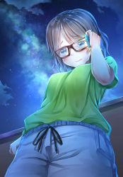 Rule 34 | 10s, 1girl, blue eyes, blue theme, cellphone, crying, crying with eyes open, glasses, grey hair, hachinatsu, highres, love live!, love live! sunshine!!, night, night sky, phone, shirt, short hair, shorts, sky, solo, t-shirt, tears, watanabe you