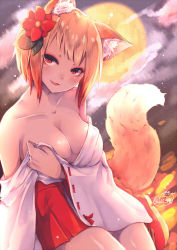 Rule 34 | 1girl, animal ear fluff, animal ears, bare shoulders, blonde hair, breasts, chita (ketchup), cleavage, collarbone, flower, fox ears, fox girl, fox tail, full moon, hair flower, hair ornament, hakama, hakama short skirt, hakama skirt, head tilt, japanese clothes, large breasts, looking at viewer, moon, night, night sky, original, outdoors, parted lips, red eyes, red skirt, ribbon-trimmed sleeves, ribbon trim, sitting, skirt, sky, smile, solo, tail, wide sleeves