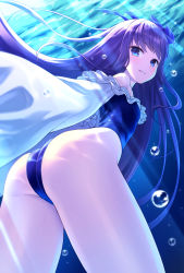 Rule 34 | 1girl, air bubble, ass, blue eyes, blue one-piece swimsuit, bubble, commentary request, fate/grand order, fate (series), freediving, frilled sleeves, frills, from behind, hair ribbon, highleg, highleg swimsuit, highres, light rays, long hair, meltryllis, meltryllis (fate), meltryllis (swimsuit lancer) (fate), meltryllis (swimsuit lancer) (second ascension) (fate), ocean, one-piece swimsuit, purple eyes, purple hair, ribbon, skindentation, solo, strapless, strapless one-piece swimsuit, submerged, swimsuit, thighs, tomo (tmtm mf mf), underwater, very long hair, water