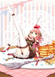 Rule 34 | 1girl, ankle cuffs, bow, cherry, cream, dress, food, fork, frilled thighhighs, frills, fruit, green eyes, hair bow, high heels, leg up, long hair, original, pancake, pancake stack, pink hair, plate, ribbon, saban, shoes, single shoe, solo, syrup, thighhighs, underwear, wavy hair, white thighhighs