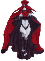 Rule 34 | 1girl, bad id, bad pixiv id, cape, celtic cross, colored skin, cross, elbow gloves, facial mark, flower, full body, gloves, grey skin, hat, navel, rose, scathach, shin megami tensei, simple background, solo, thighs, toeless legwear, toes, white background, yatuki, yellow eyes