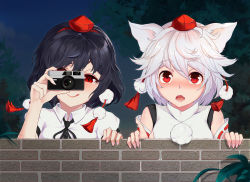 Rule 34 | &gt;:), 2girls, :q, animal ears, bare shoulders, black hair, black ribbon, blue sky, blush, breasts, brick wall, camera, commentary request, detached sleeves, hair between eyes, hand up, hat, highres, holding, holding camera, inubashiri momiji, looking at viewer, medium breasts, multiple girls, neck ribbon, night, night sky, nose blush, one eye covered, open mouth, outdoors, pom pom (clothes), puffy short sleeves, puffy sleeves, red eyes, ribbon, ribbon-trimmed sleeves, ribbon trim, shameimaru aya, shirt, short hair, short sleeves, silver hair, sky, smile, tassel, tokin hat, tongue, tongue out, touhou, tree, upper body, v-shaped eyebrows, white shirt, wolf ears, xiumu bianzhou