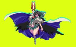 Rule 34 | 1girl, arm cannon, asymmetrical footwear, bird wings, black hair, black wings, bow, breasts, capelet, frilled shirt collar, frills, full body, green bow, green skirt, hair bow, highres, large breasts, long hair, looking at viewer, miniskirt, mismatched footwear, mmmmatimmmmati, pixel art, red eyes, reiuji utsuho, shirt, short sleeves, simple background, skirt, solo, thighs, third eye, touhou, weapon, white capelet, white shirt, wings, yellow background