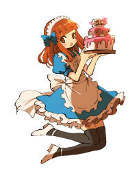 Rule 34 | 1girl, :o, apron, back bow, birthday cake, black thighhighs, blue bow, blue dress, blunt bangs, bow, cake, character name, commentary, dress, floating, food, frilled apron, frilled dress, frills, girls und panzer, hair bow, highres, holding, holding tray, large bow, legs up, long hair, looking at viewer, maid apron, maid headdress, medium dress, open mouth, orange eyes, orange hair, puffy short sleeves, puffy sleeves, ri (qrcode), shoes, short sleeves, simple background, solo, takebe saori, thighhighs, tray, white apron, white background, white footwear