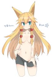 Rule 34 | 1girl, animal ears, bike shorts, blonde hair, blush, braid, breasts, clothes pull, fox ears, green eyes, hair censor, hair over breasts, hair over shoulder, long hair, mikan (mikabe), navel, noe (mikan), original, shorts, shorts pull, simple background, solo, topless, twin braids, very long hair, white background