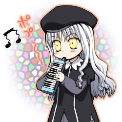 Rule 34 | 00s, 1girl, beamed quavers, caren hortensia, chibi, chibi only, fate/hollow ataraxia, fate/stay night, fate (series), grey hair, instrument, keyboard (instrument), layered sleeves, long hair, lowres, melodica, musical note, pantyhose, saxyun, solo, yellow eyes