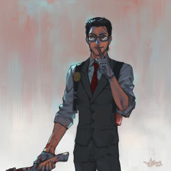 Rule 34 | 1boy, axe, blood, finger to mouth, glasses, gloves, joseph oda, male focus, smirk, solo, the evil within, vest, waistcoat, weapon, wing556, yellow eyes