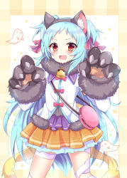 Rule 34 | 1girl, :d, animal ear fluff, animal hands, aqua hair, bag, bandaged leg, bandages, brown eyes, claw pose, claws, commentary request, frilled skirt, frills, fur trim, ghost, gloves, hair ribbon, handbag, highres, kuze matsuri, long hair, long sleeves, looking at viewer, miyako (halloween) (princess connect!), miyako (princess connect!), open mouth, paw gloves, pleated skirt, princess connect!, ribbon, sidelocks, simple background, skirt, smile, solo, two side up