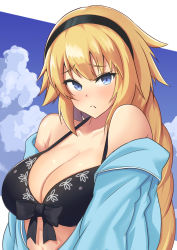 Rule 34 | 1girl, backy1005, bare shoulders, bikini, black bikini, black hairband, blonde hair, blue eyes, blue jacket, blush, breasts, cleavage, collarbone, commentary request, fate/grand order, fate (series), frown, hairband, highres, jacket, jeanne d&#039;arc (fate), jeanne d&#039;arc (ruler) (fate), jeanne d&#039;arc (swimsuit archer) (fate), jeanne d&#039;arc (swimsuit archer) (first ascension) (fate), large breasts, long braid, long hair, looking at viewer, solo, swimsuit, upper body